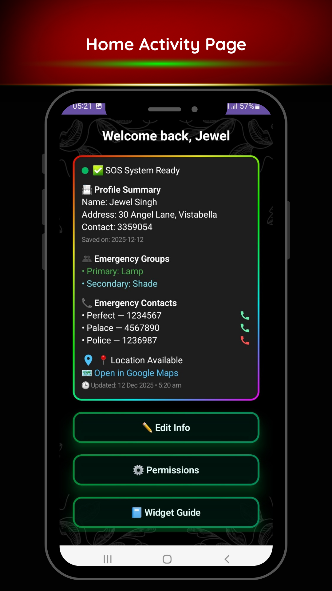 SmartAlertPlusTT home screen