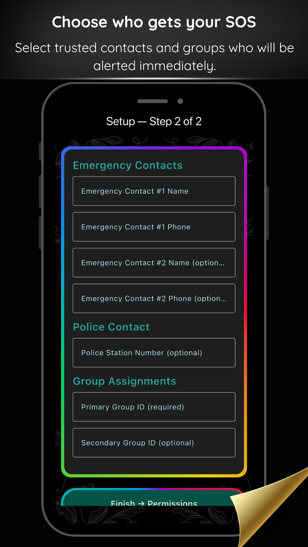 Emergency contacts setup screen